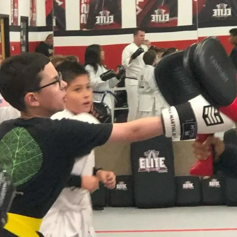 Kids karate class training punching drills with gloves and pads in martial arts school