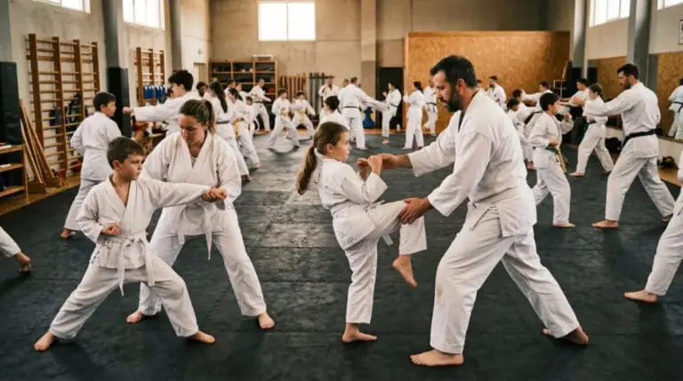 Students practicing controlled kicks with instructors during martial arts safety training