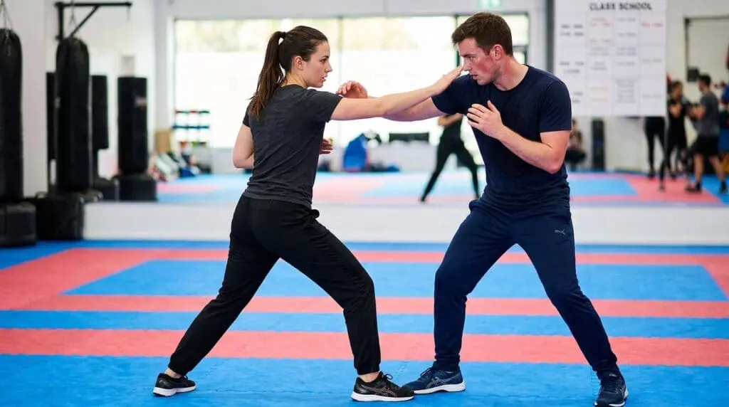 Two students practicing open hand defense using personal safety skills