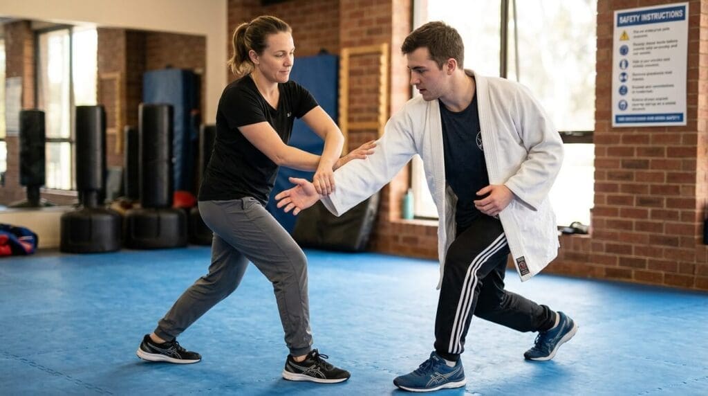 Partner practicing wrist escape movement for beginner self defense tips